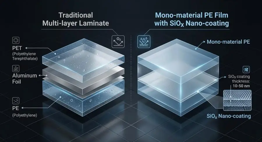 Cross-section diagram comparing traditional multi-layer laminate with mono-material PE film and SiOx nano-coating barrier technology