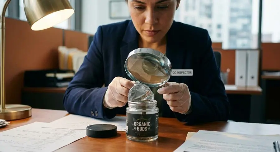 Child-resistant cannabis jar being inspected under magnifying glass revealing non-recyclable liner component