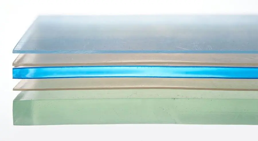 Cross-section diagram of five-layer EVOH encapsulation structure showing PE, tie, EVOH core, tie, and sealant layers