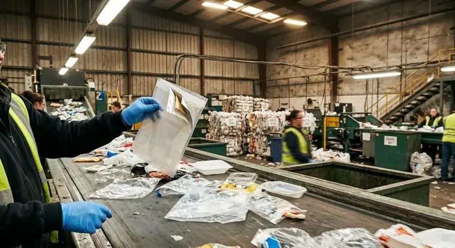 Materials recovery facility recycling conveyor belt with multi-layer packaging films being sorted