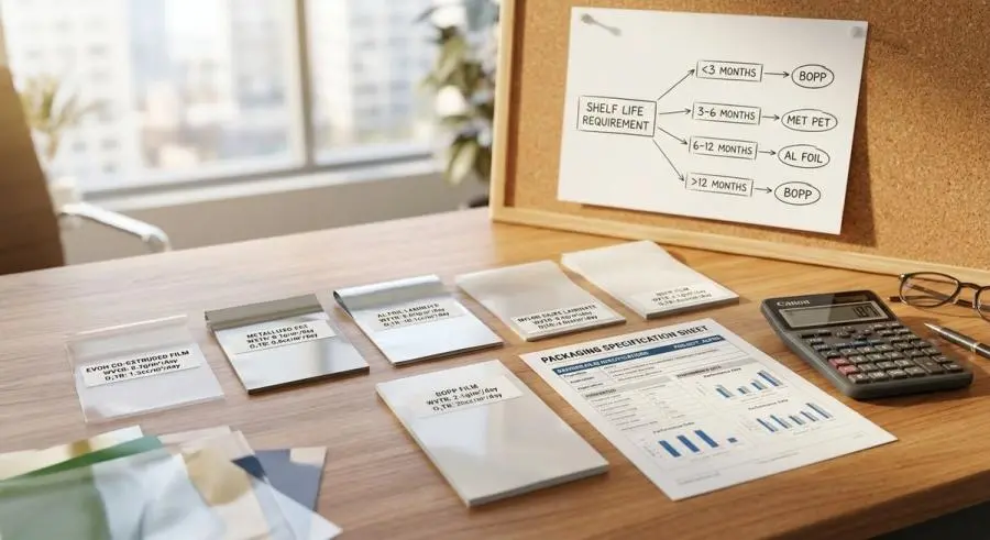 Packaging material samples and decision framework on desk for barrier film selection by shelf life requirements