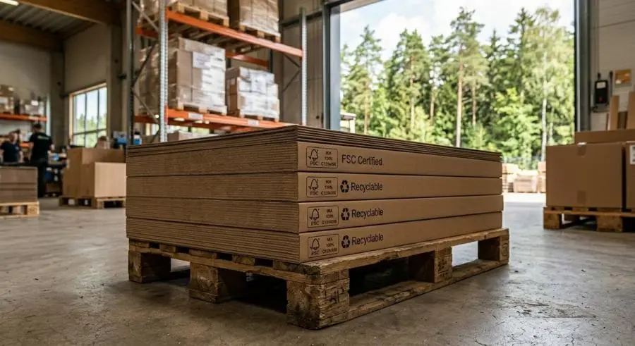 FSC certified paperboard sheets on warehouse pallet with forest sourcing background
