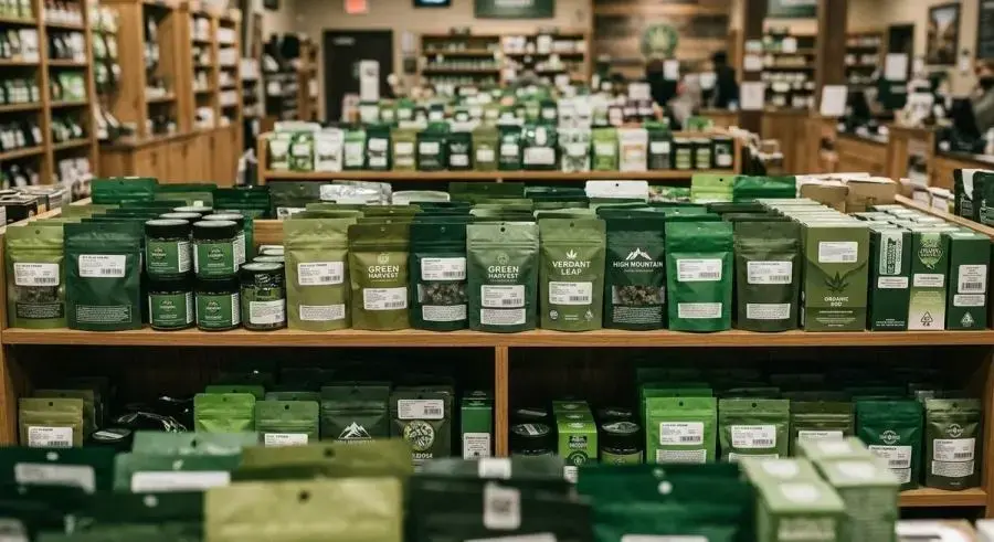 Cannabis dispensary shelf filled with green packaging where brands visually blend together
