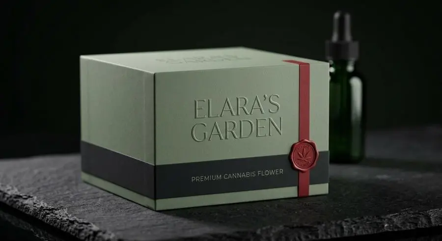 Premium cannabis package with sage green charcoal black and red accent color palette