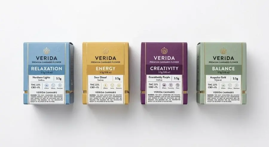 Cannabis product line with color-coded packaging for relaxation energy creativity and balance effects