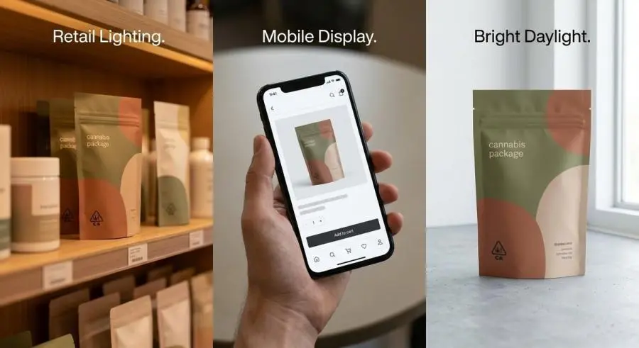 Cannabis package color perception comparison across retail thumbnail and daylight viewing conditions