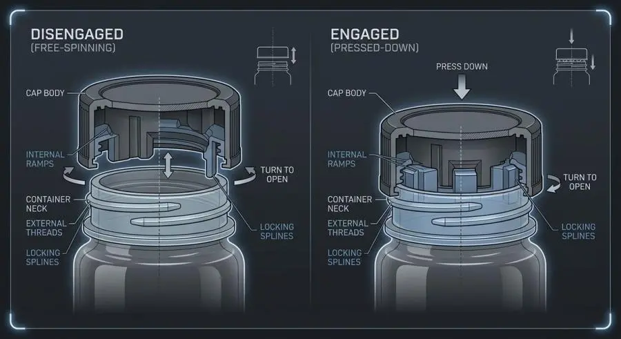 Cross-section technical diagram of push-and-turn child-resistant cap mechanism with internal ramps and splines