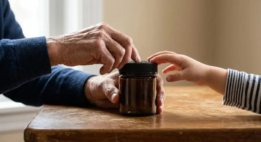 Senior adult and child hands reaching for child-resistant cannabis packaging illustrating the CRSF design paradox