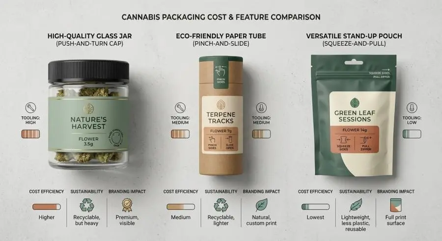 Three cannabis child-resistant packaging types cost comparison jar tube pouch flat lay