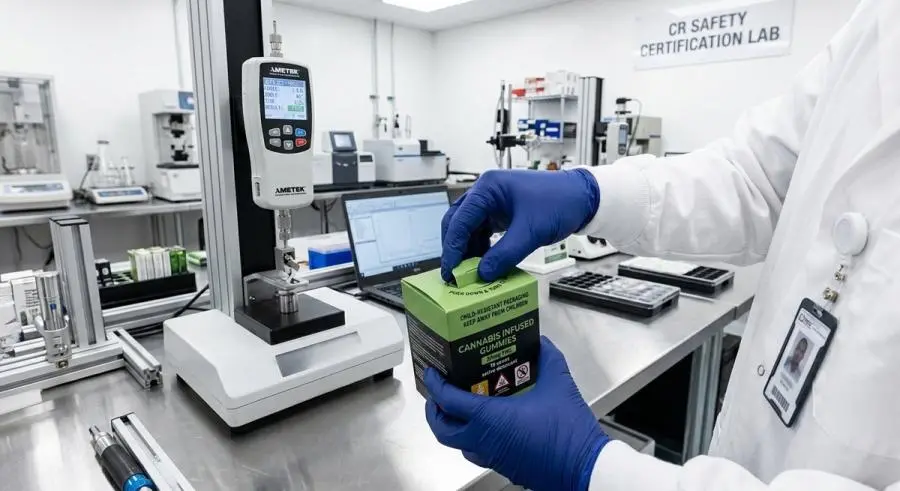 Child-resistant packaging certification testing in professional laboratory