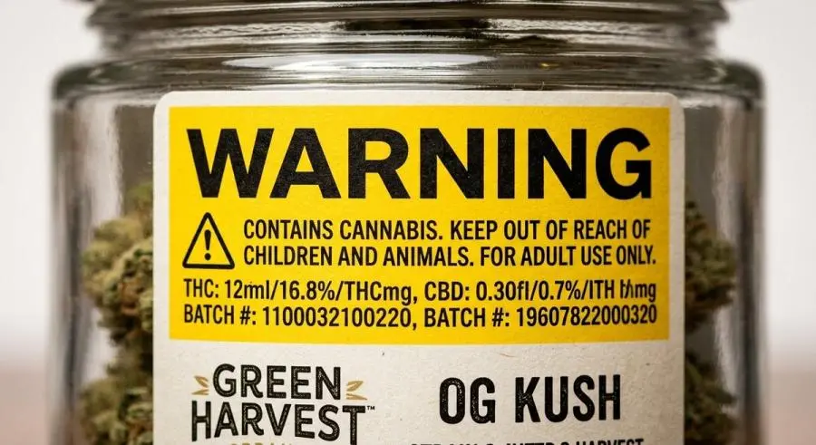 California Proposition 65 compliant warning label on cannabis packaging with specific chemical disclosure