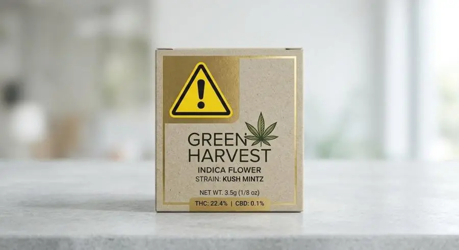Universal THC symbol on cannabis packaging front panel triangle icon and exclamation mark