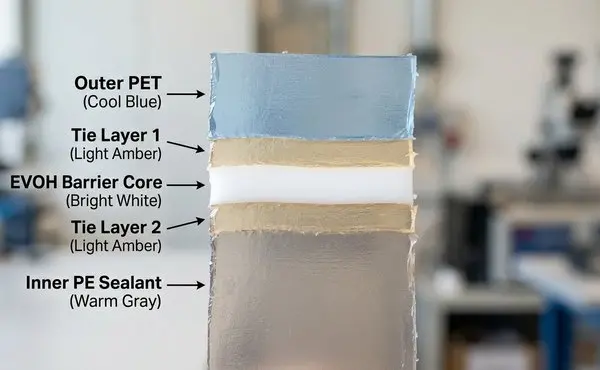 EVOH barrier film multi-layer cross-section diagram for cannabis packaging
