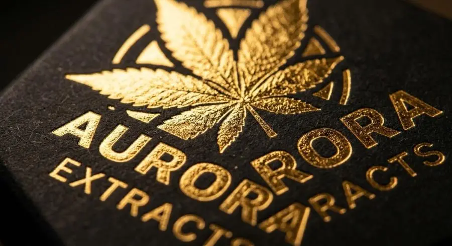 Extreme macro close-up of hot gold foil stamping on dark matte cannabis packaging