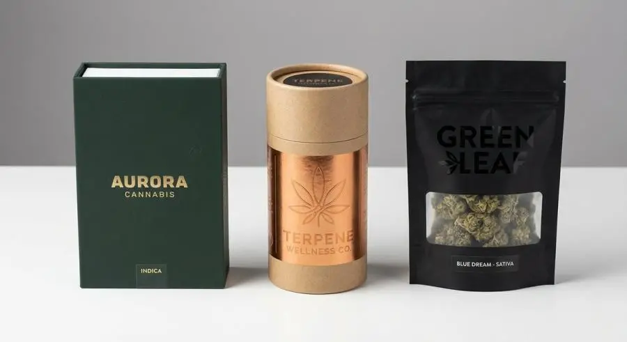 Three cannabis package types rigid box paper tube and mylar bag comparison