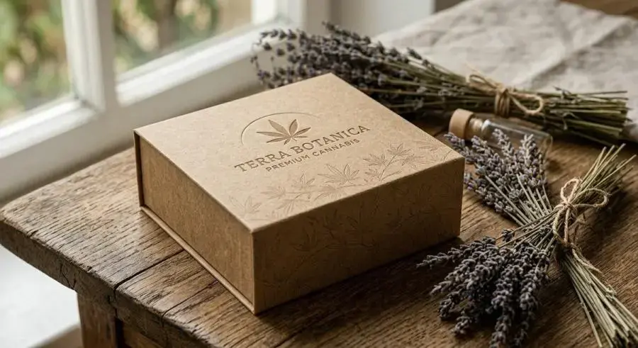 Eco-friendly sustainable premium cannabis packaging with blind embossed natural kraft paper