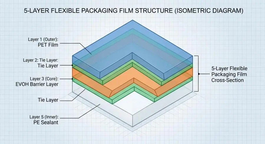 Five-layer co-extruded EVOH barrier film cross-section showing PET, tie layers, EVOH core, and PE sealant