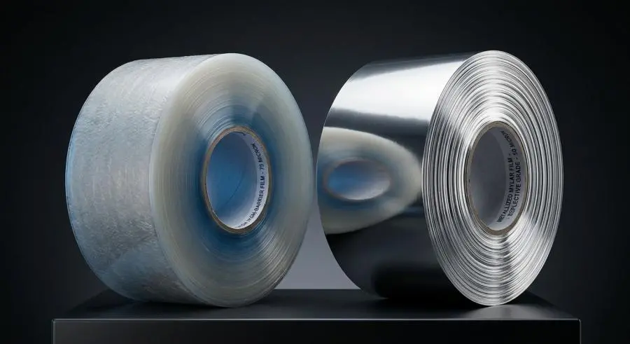 Side by side comparison of transparent EVOH barrier film and metallized Mylar film