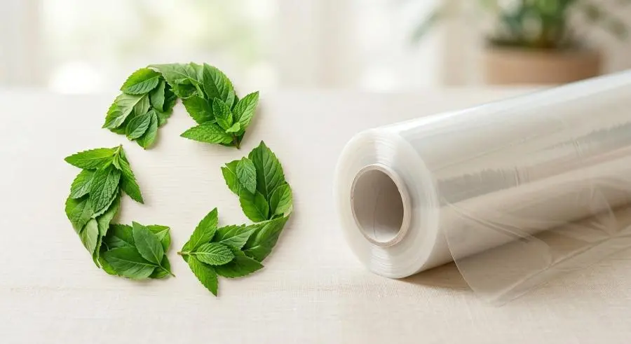Green recycling symbol with rolled flexible packaging film representing EVOH recyclability