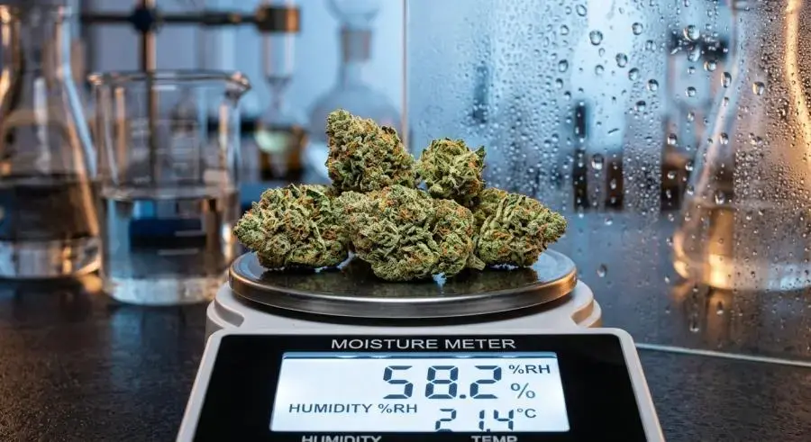 Cannabis flower moisture level measurement with humidity gauge showing optimal 58-62 percent RH storage range