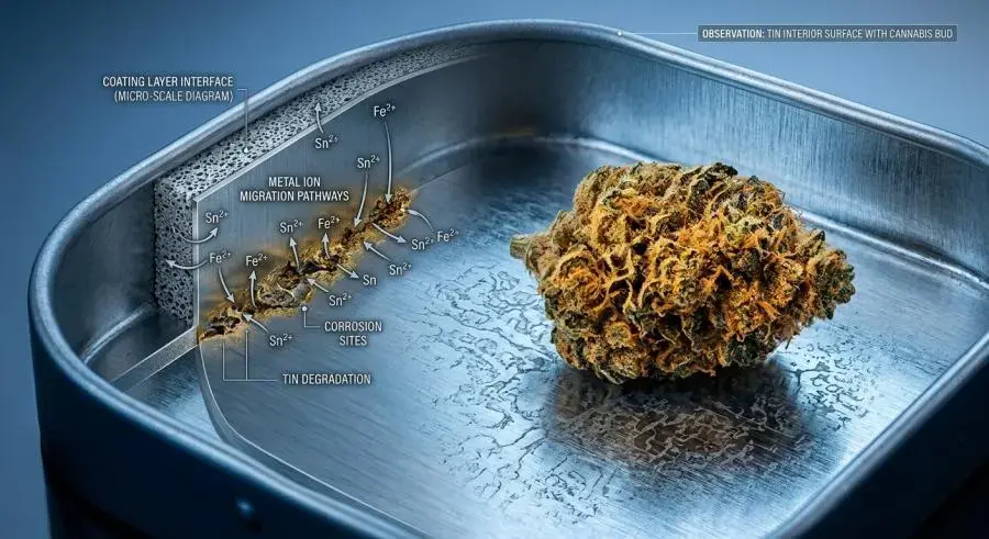 Metal tin box interior surface with cannabis flower showing packaging material interaction