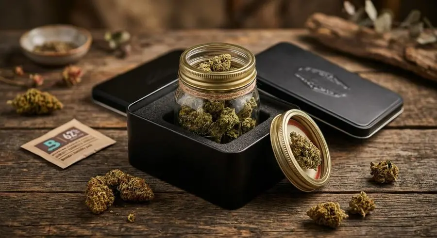 Glass jar nested inside branded tin box representing premium jar-in-tin hybrid packaging strategy