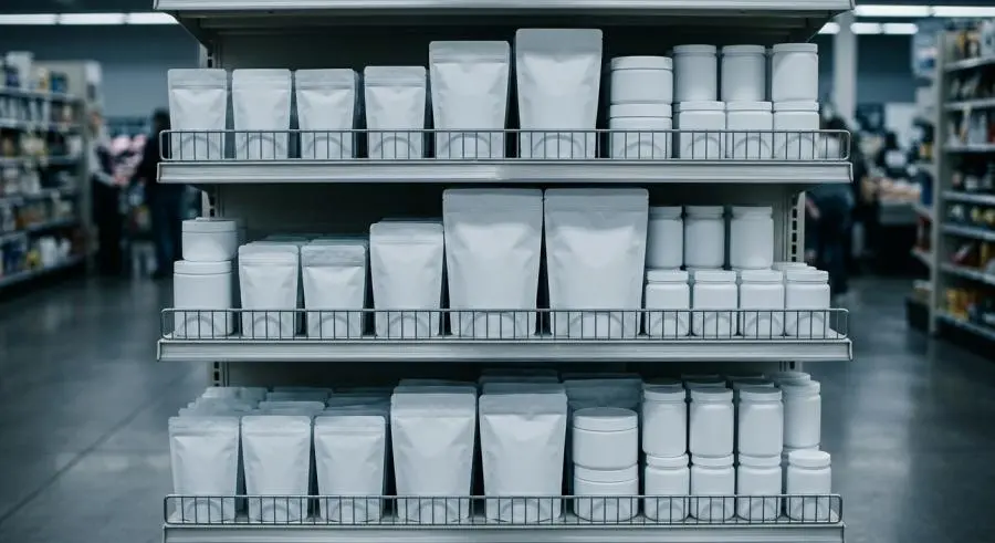 Stock plain generic cannabis packaging bags and jars on retail shelf showing no brand differentiation
