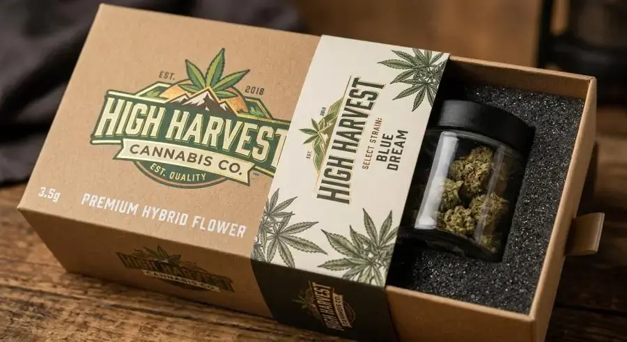 Semi-custom cannabis packaging box with custom printed logo branded sleeve and foam insert