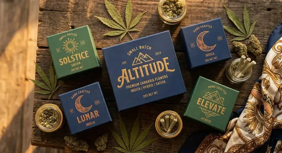 Premium custom cannabis packaging flat lay with hot foil stamping and soft-touch finishes