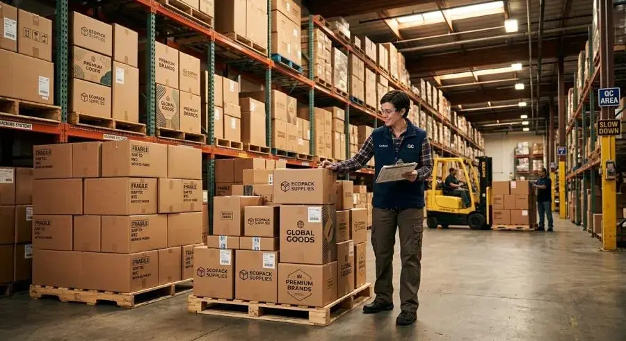 Packaging warehouse with custom boxes on pallets and quality control inspection