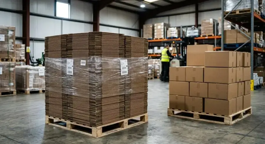 Warehouse pallet comparison of flat-packed folding cartons versus pre-assembled rigid boxes
