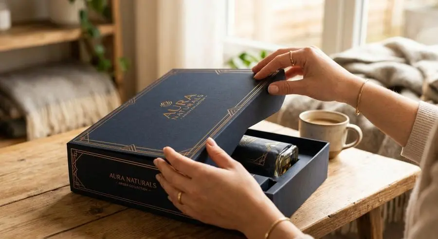 Consumer hands unboxing a premium folding carton with soft-touch finish