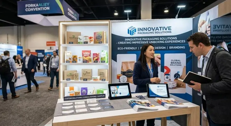 Custom packaging trade show booth with product samples on display and professional setup