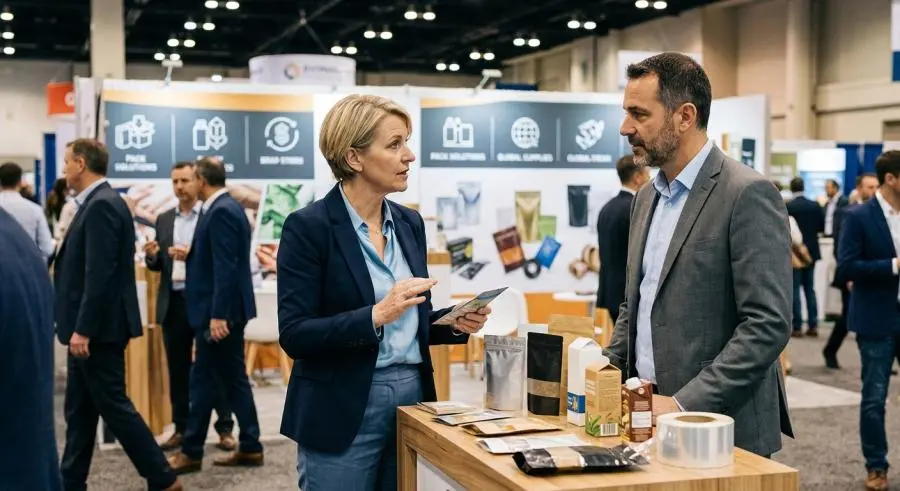 Packaging professional networking with supplier at trade show convention hall