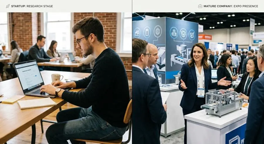Comparison of startup researching trade shows online versus large company exhibiting at Pack Expo
