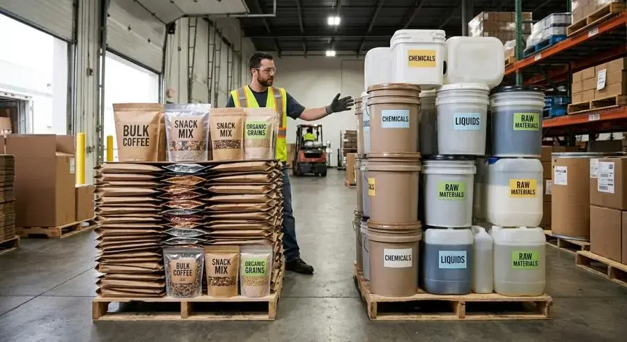 Warehouse comparison of flat stacked flexible pouches versus bulky rigid containers showing space savings