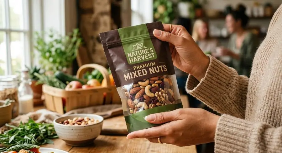 Consumer hands holding flexible pouch with clear window showing product inside lifestyle setting