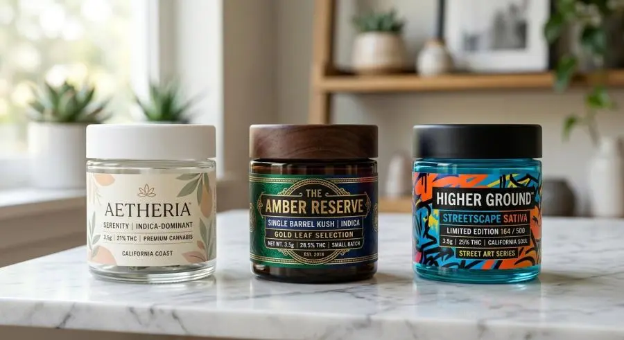Three cannabis jars showing luxury skincare, whisky-inspired, and streetwear packaging design aesthetics