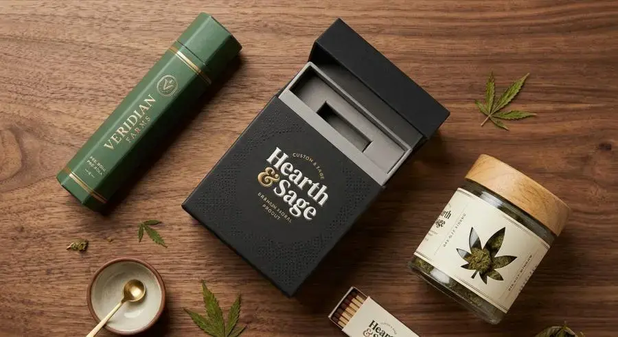 Custom cannabis packaging structures including hexagonal tube, magnetic rigid box, and die-cut window jar