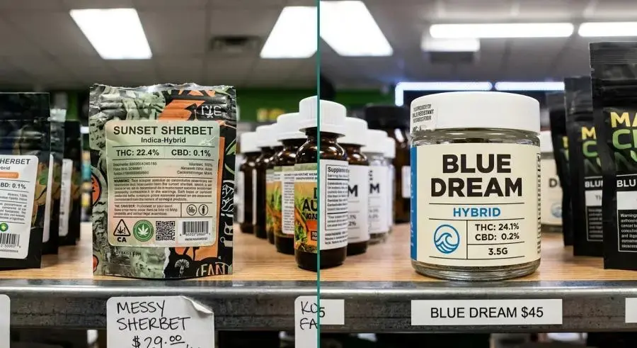 Comparison of cluttered low-contrast cannabis label versus clean high-contrast label under harsh dispensary lighting