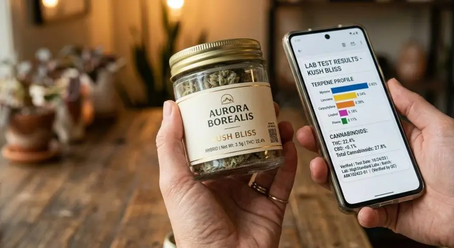 Hand holding cannabis jar while smartphone shows QR code scan result with terpene profile and lab test information