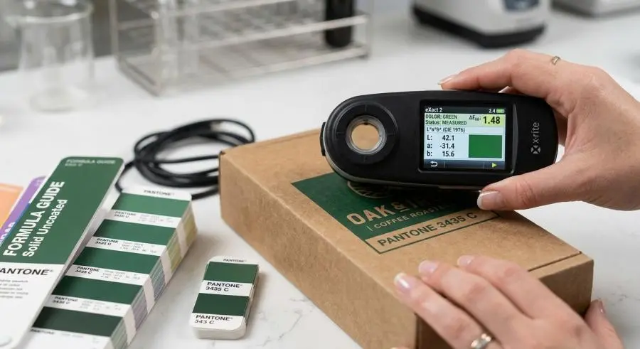 Handheld spectrophotometer measuring color on printed paperboard with Delta E display reading