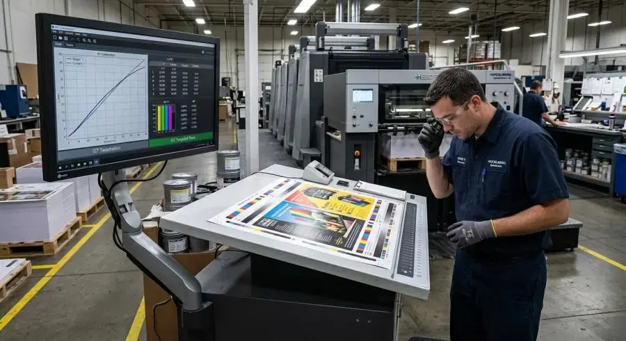 Printing press operator checking color calibration with G7 certification display in industrial print shop