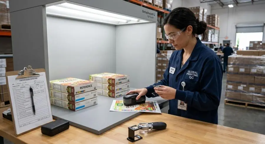 Quality inspector examining folding cartons under D50 light booth with spectrophotometer and checklist