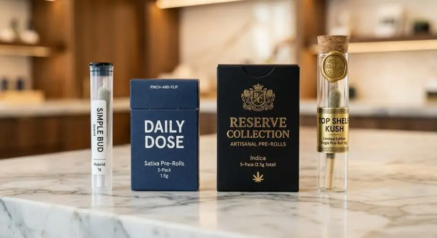 Four premium cannabis pre-roll packages arranged by quality tier from simple tube to glass tube with cork