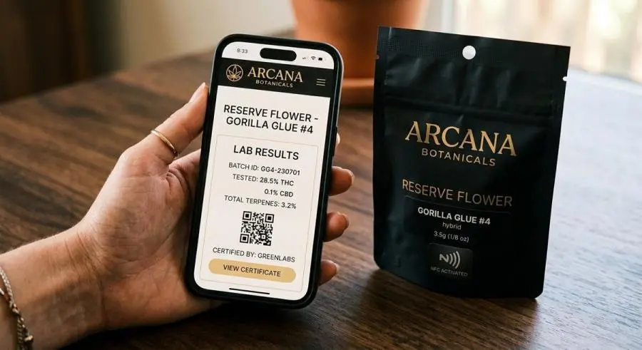 Hand holding smartphone near premium cannabis package with NFC tag indicator displaying lab results on screen