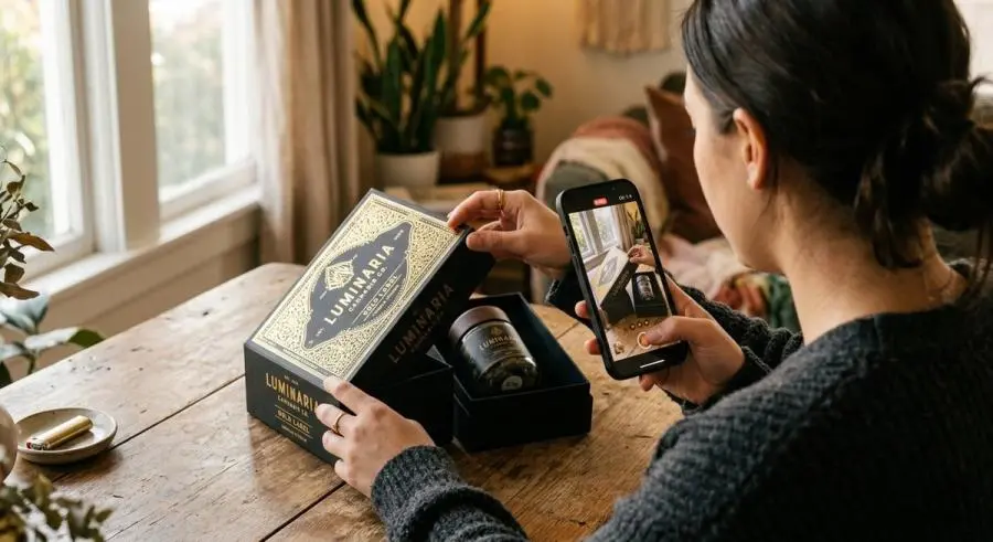 Over-the-shoulder view of person recording cannabis package unboxing with smartphone for social media content