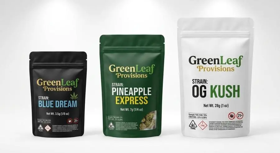 Three cannabis stand-up pouches of different sizes arranged side by side for size comparison