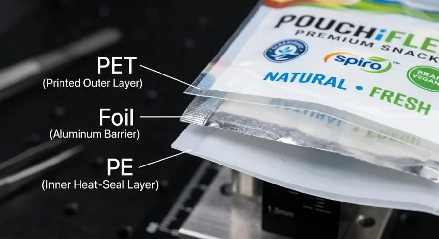 Cross-section closeup of flexible pouch material showing PET foil PE three-layer laminate structure
