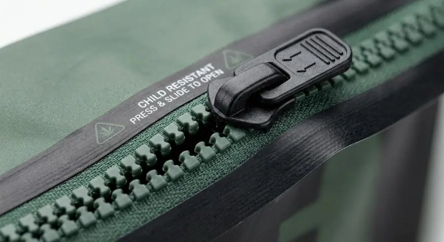 Extreme close-up macro of child-resistant press-and-slide zipper mechanism on cannabis stand-up pouch